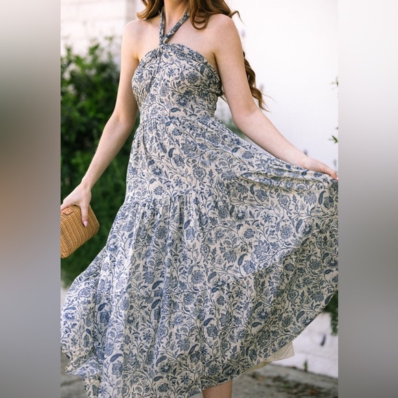 DRESS FORUM Floral Midi Tiered Halter Style/Strapless  Dress in Blue and Cream - Picture 10 of 13